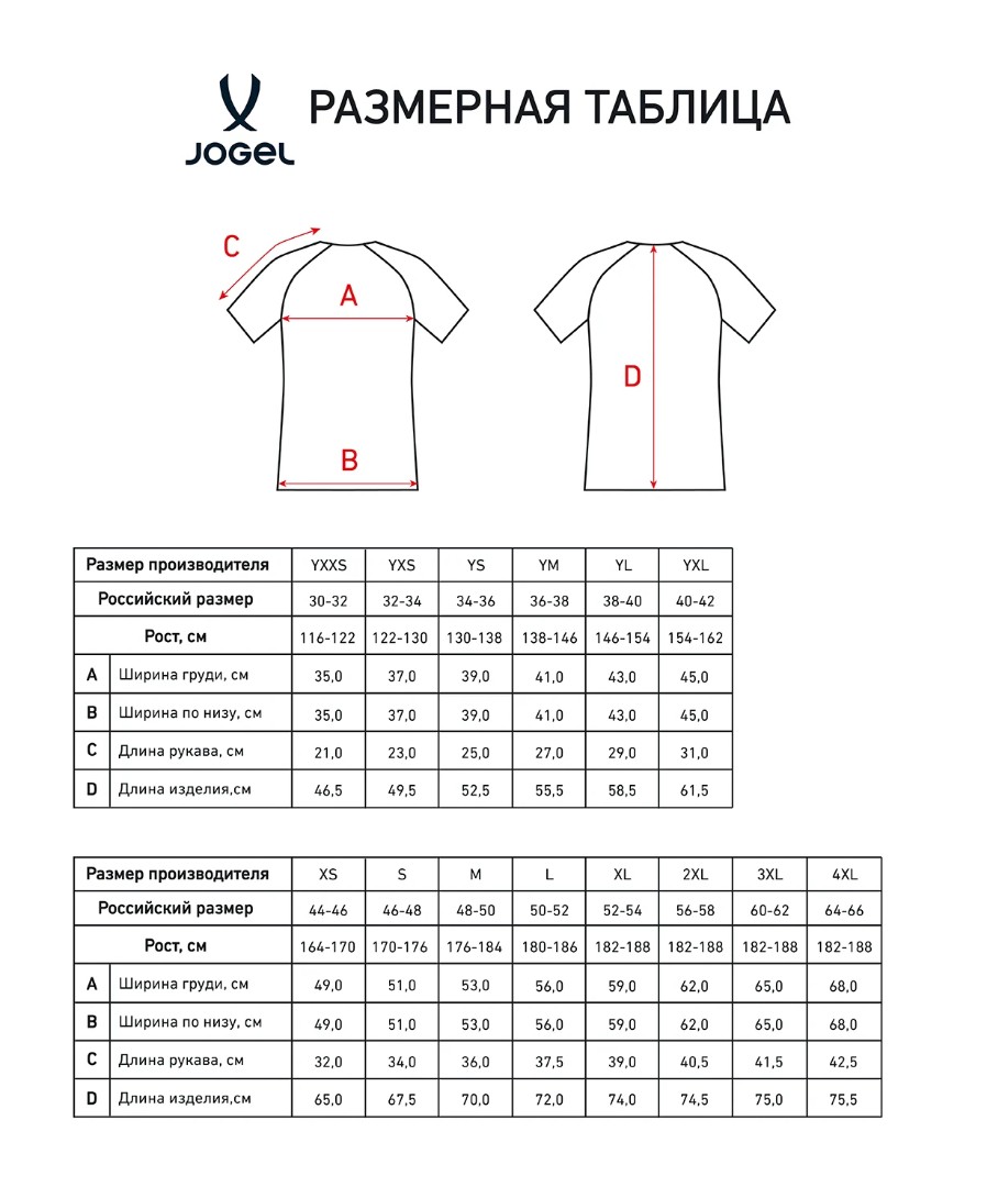 Таблица размеров JOGEL - взрослая